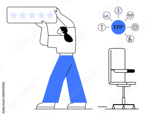 Business process, ERP systems, productivity, customer satisfaction, software tools, management solutions. Person holding a star rating box with ERP icons around. Business process and ERP systems