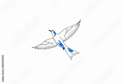 Graceful illustration of a stylized blue and white bird soaring upward with wings fully spread against a minimalistic white background