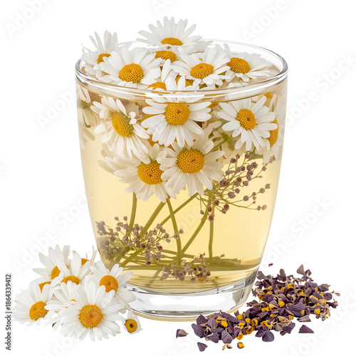 Cup of Herbal Tea With Flowers Floating on the Surface in Clear Glass Mug
