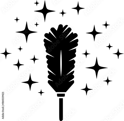 Black feather duster surrounded by sparkle stars enhances the cleaning theme effectively and minimalist
