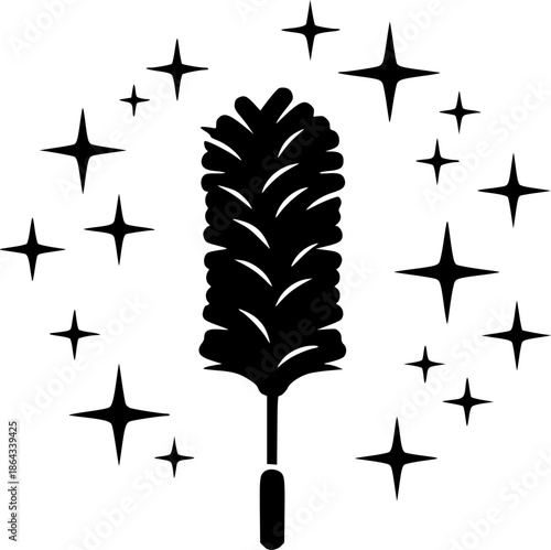 Black feather duster surrounded by sparkle stars enhances the cleaning theme effectively and minimalist
