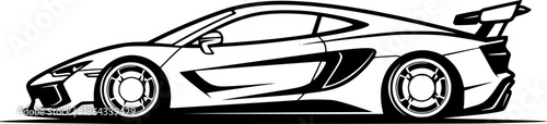 Sleek Black and White Graphic Illustration of a Modern Sports Car with Rear Wing
