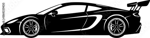 Sleek Black and White Graphic Illustration of a Modern Sports Car with Rear Wing

