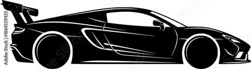 Sleek Black and White Graphic Illustration of a Modern Sports Car with Rear Wing
