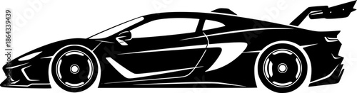 Sleek Black and White Graphic Illustration of a Modern Sports Car with Rear Wing
