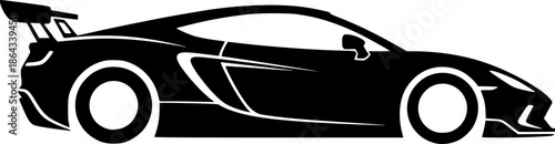 Sleek Black and White Graphic Illustration of a Modern Sports Car with Rear Wing
