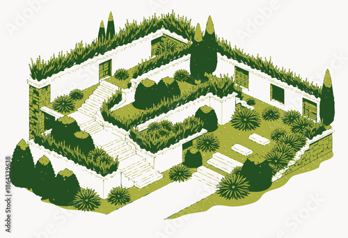 Intricate Garden Maze with Geometric Pathways and Lush Green Shrubbery in an Abstract Architectural Design
