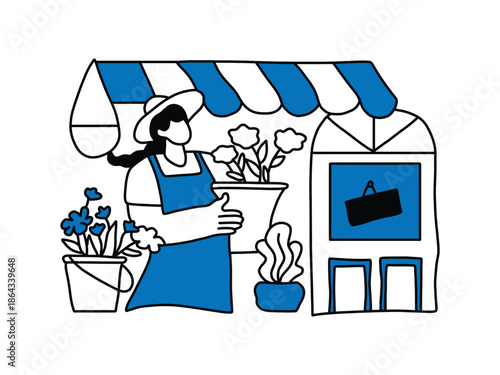 Flower Shop Small Business Illustration. Florist Woman Selling Flowers Illustration