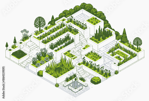 Intricately Designed Geometric Garden with Terraced Levels and Diverse Plant Life in a Complex Architectural Structure