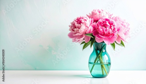 Vibrant pink peonies in a teal glass vase against a soft turquoise painted background