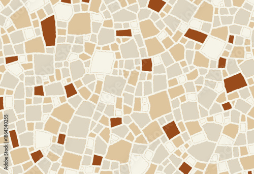 Intricate Mosaic Design Featuring Diverse Earth-Toned Geometric Patterns and Organic Shapes in a Harmonious Abstract Composition