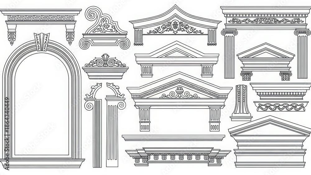 Naklejka premium Architectural elements set classical columns arches facades ornate decorative patterns detailed line art