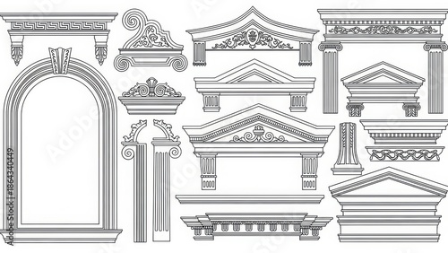 Architectural elements set classical columns arches facades ornate decorative patterns detailed line art