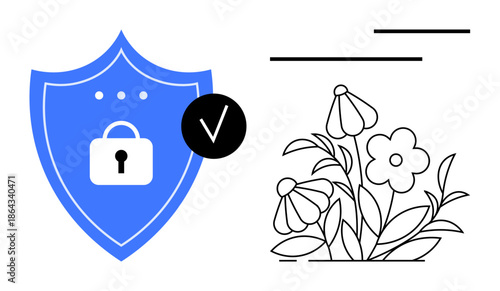Cybersecurity, data protection, online safety, trust verification, secure access, digital security. Blue shield with a lock and checkmark alongside floral line art. Cybersecurity and trust