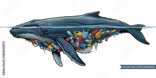 Ocean Pollution Concept Illustration with Whale.