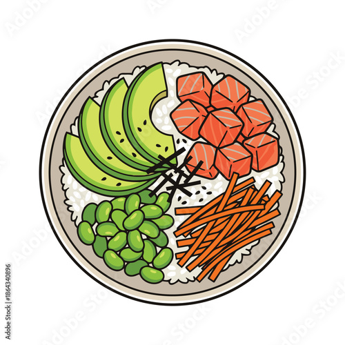 Colorful Sushi Bowl Food Illustration.