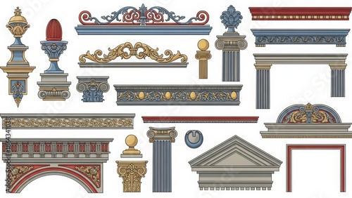 Collection of ornate architectural moldings, columns, and decorative accents