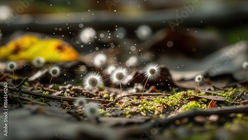 Tiny Dandelion Seed Heads on Mossy Forest Floor with Autumn Leaf seeds fluffy