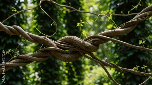 Thick, intertwined jungle vines create a dense, knotted texture against soft green foliage.