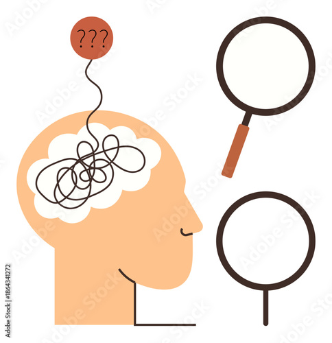 Mental health, problem solving, decision making, confusion, self-discovery, analysis. A human head with tangled lines in the brain and question marks, along with magnifying glasses. Mental health