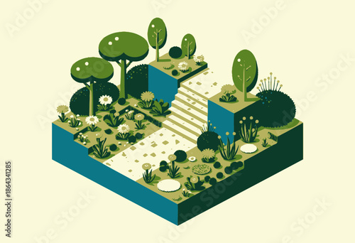 Illustrated garden landscape with vibrant flowers, lush greenery, and intricate pathways capturing the essence of a serene, beautifully manicured botanical escape