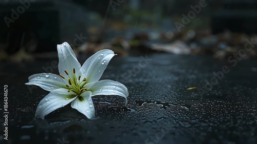 White lily flower with rain drops falling on a dark wet surface with autumn leaves. Nature and beauty concept. Serene background for remembrance.