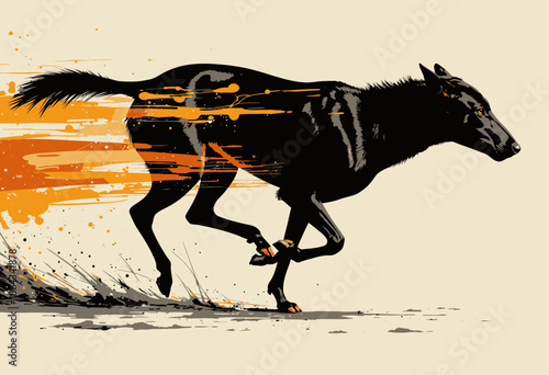 Dynamic digital illustration of a sleek dark horse in motion with vibrant orange energy trails illustrating speed and movement against a neutral background
