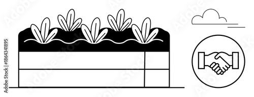 Sustainable agriculture. Raised garden bed efficient farming methods and collaborative partnership symbol promoting eco-friendly agricultural practices. For sustainability, cooperation, gardening