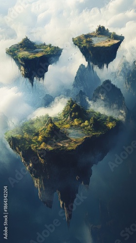 Verdant Floating Islands with Ponds Hovering Above Misty Mountain Peaks