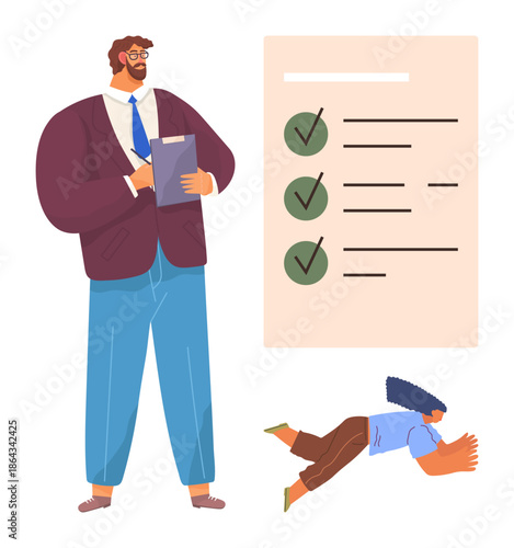 Productivity, time management, accountability, teamwork, task completion, organization. A man holds a clipboard next to a checklist, while another person works on the floor. Productivity and teamwork