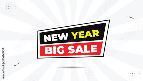 New year big sale eps format editable template design with black red shapes white yellow bold font with white gray abstract background Vector illustration