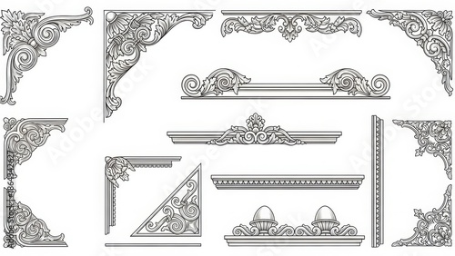 Set of vintage architectural ornament corner and border decorations in black and white