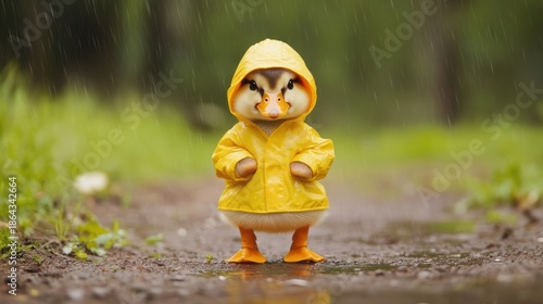 Adorable Duckling in Yellow Raincoat Standing Tall in Gentle Rain, Whimsical Outdoor Portrait