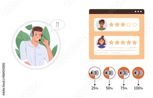 Customer experience, quality assessment, online reviews, service feedback, communication skills, client satisfaction. Call center agent with headset and rating interface. Customer experience