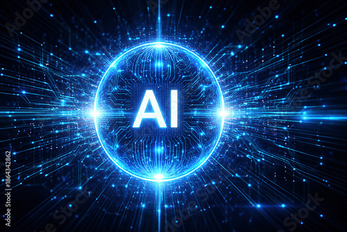 Glowing ai text in futuristic digital network orb