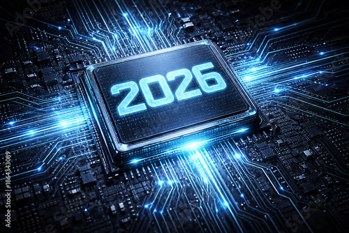 Futuristic computer chip with glowing 2026 text