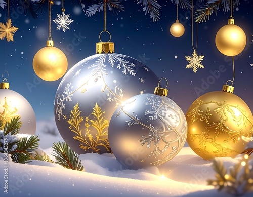 Festive holiday scene featuring glittering ornaments, falling snow, and pine branches. A winter wonderland atmosphere