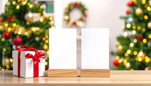 Festive holiday scene with a wrapped gift and blank card placeholders. Lit trees and garland create a warm atmosphere