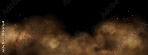 Realistic vector background of sandy smoke clouds and fine dust particles swirling in a desert storm. 