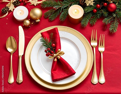 Festive holiday table setting with gold accents, red linens, and candles. Napkin decorated with greenery and berries