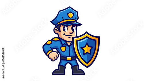 Cheerful cartoon police officer mascot in a blue uniform proudly holding a star shield isolated on white background, Vector
