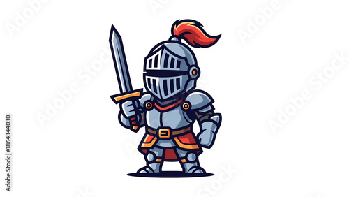 A heroic chibi knight in shining armor holding a sword, ready for medieval adventures isolated on white background, Vector
