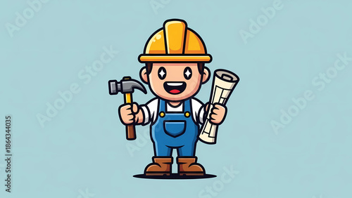 A cheerful cartoon construction worker holding a hammer and blueprints, ready for work isolated on white background, Vector