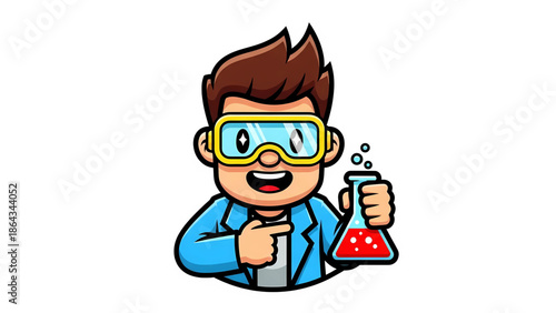 A young cartoon scientist with safety goggles holding a bubbling flask and pointing isolated on white background, Vector