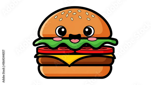 A delightful and cheerful cartoon burger with a friendly face, perfect for kids' designs isolated on white background, Vector