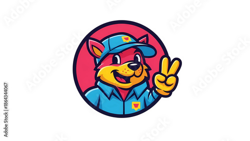 Friendly cartoon animal mascot making a peace sign in a blue uniform and cap isolated on white background, Vector