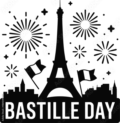 Bastille Day Celebration with Eiffel Tower and Fireworks Silhouette Vector