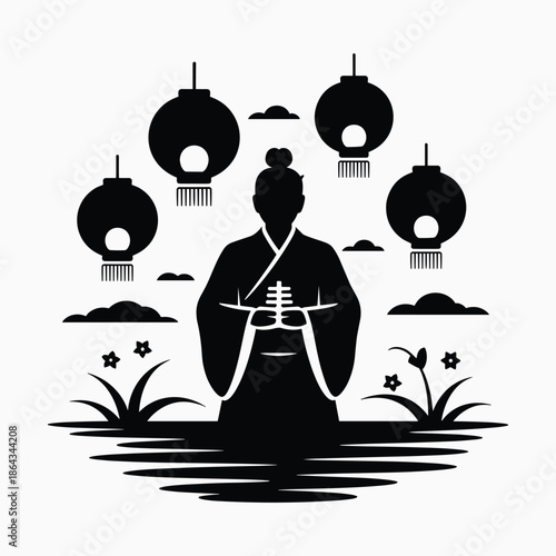 Traditional Asian Woman with Floating Lanterns Silhouette Cultural Festival Vector
