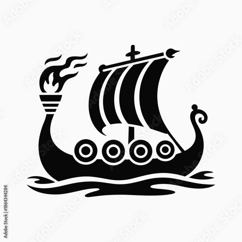 Viking Longship with Sail and Dragon Head Silhouette Norse Vector Illustration