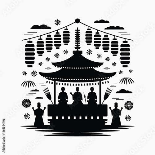 Traditional Asian Festival with Lanterns and Pavilion Silhouette Vector Illustration